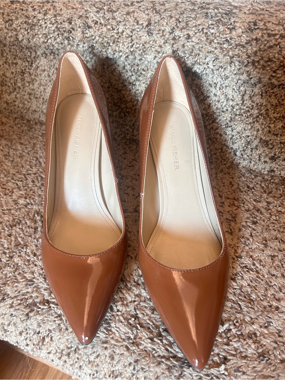 Marc Fisher Glossy Pointed-Toe Patent Pumps in Cognac